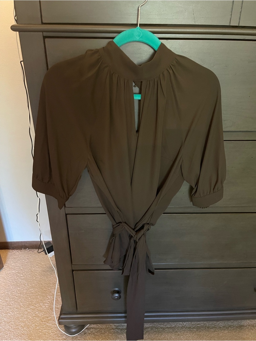 Tie-Front Brown Blouse with High Neck